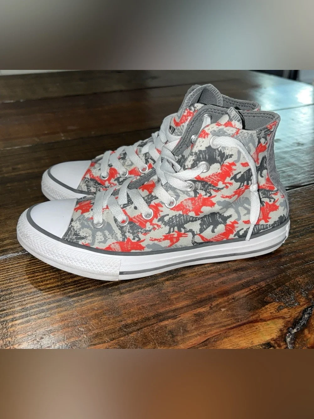 Kids Converse Chuck Taylor Gray and Red Dino Print